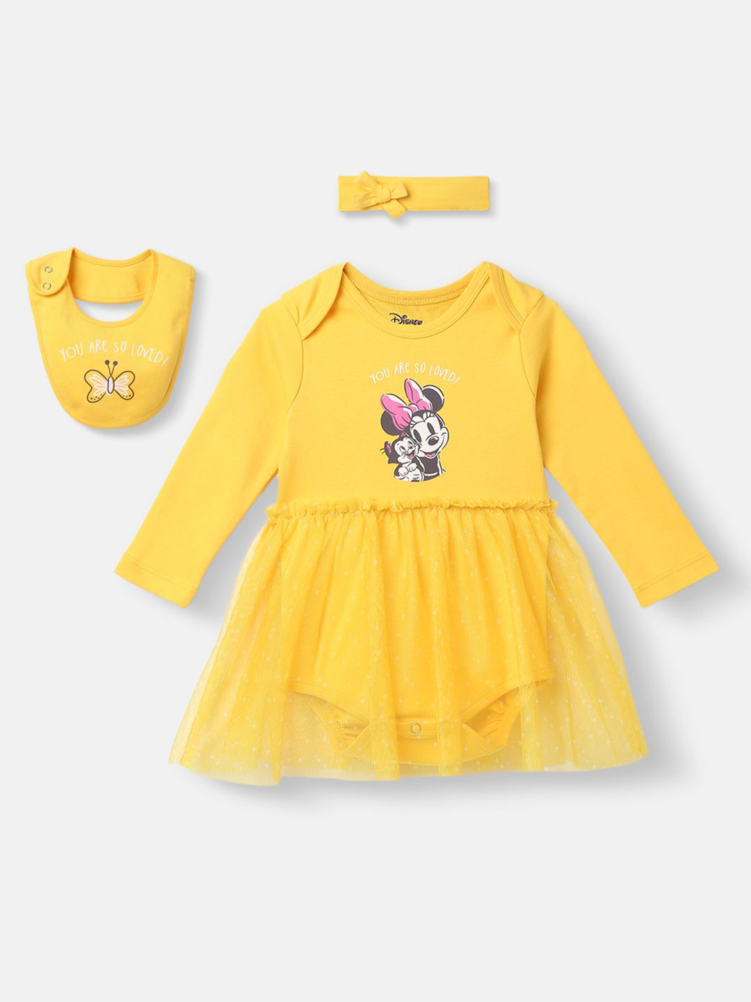 NautiNati Disney Infants Cotton Minnie Mouse Printed Dress with Bib and Headband