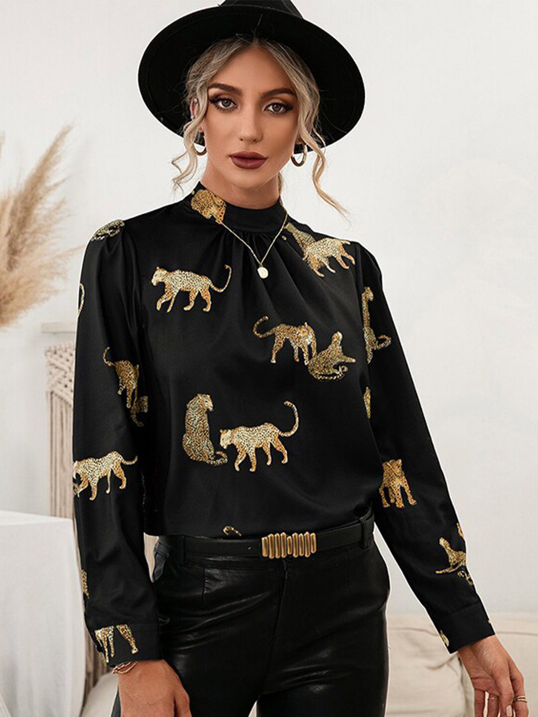 StyleCast x Revolte Animal Printed Cuffed Sleeves High Neck Top