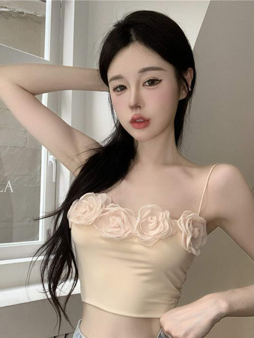 Beige Sweetheart Neck Crop Top with Floral Detail