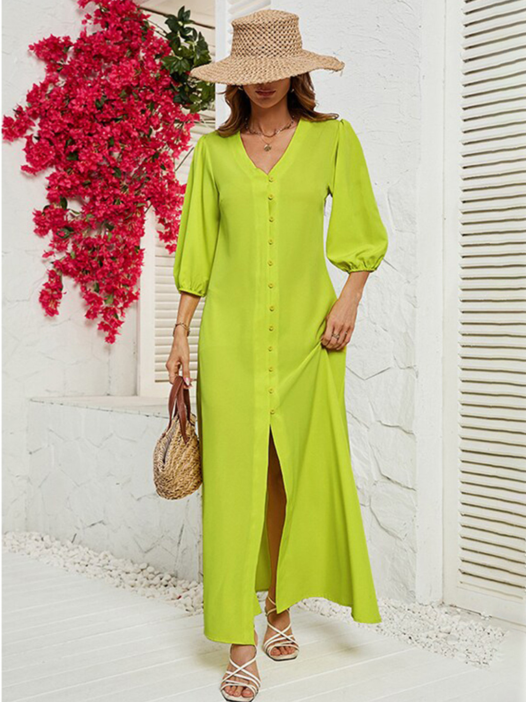 StyleCast Yellow V-Neck Puff Sleeves Maxi Dress