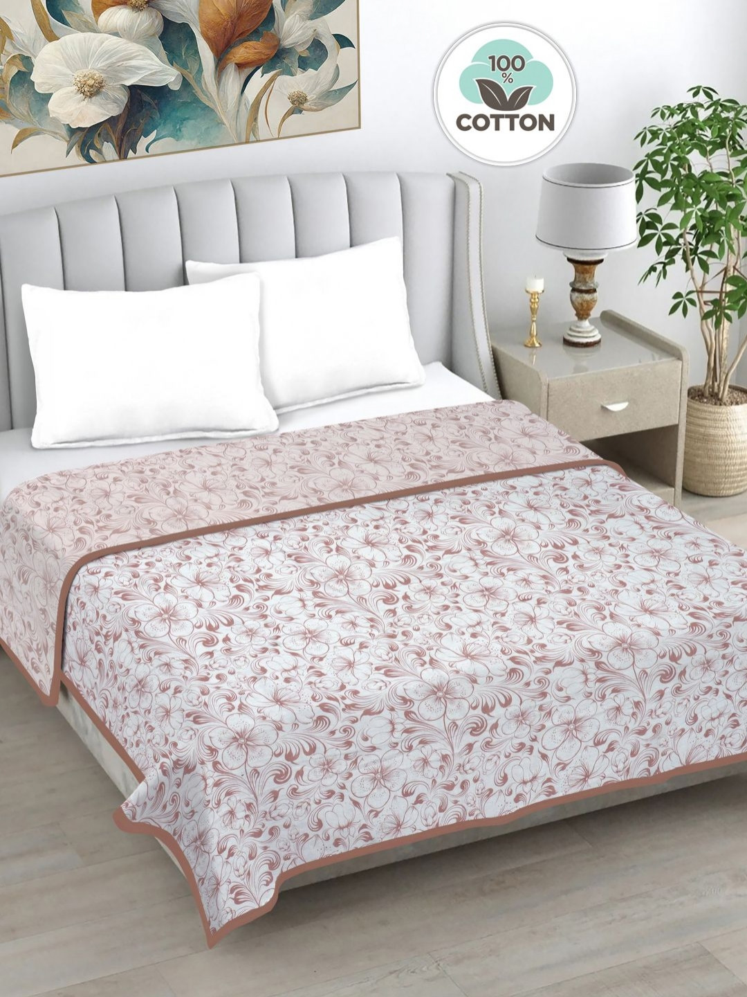 FABINALIV Peach Floral Printed AC Room 230 GSM Pure Cotton Reversible Double Bed Dohar
