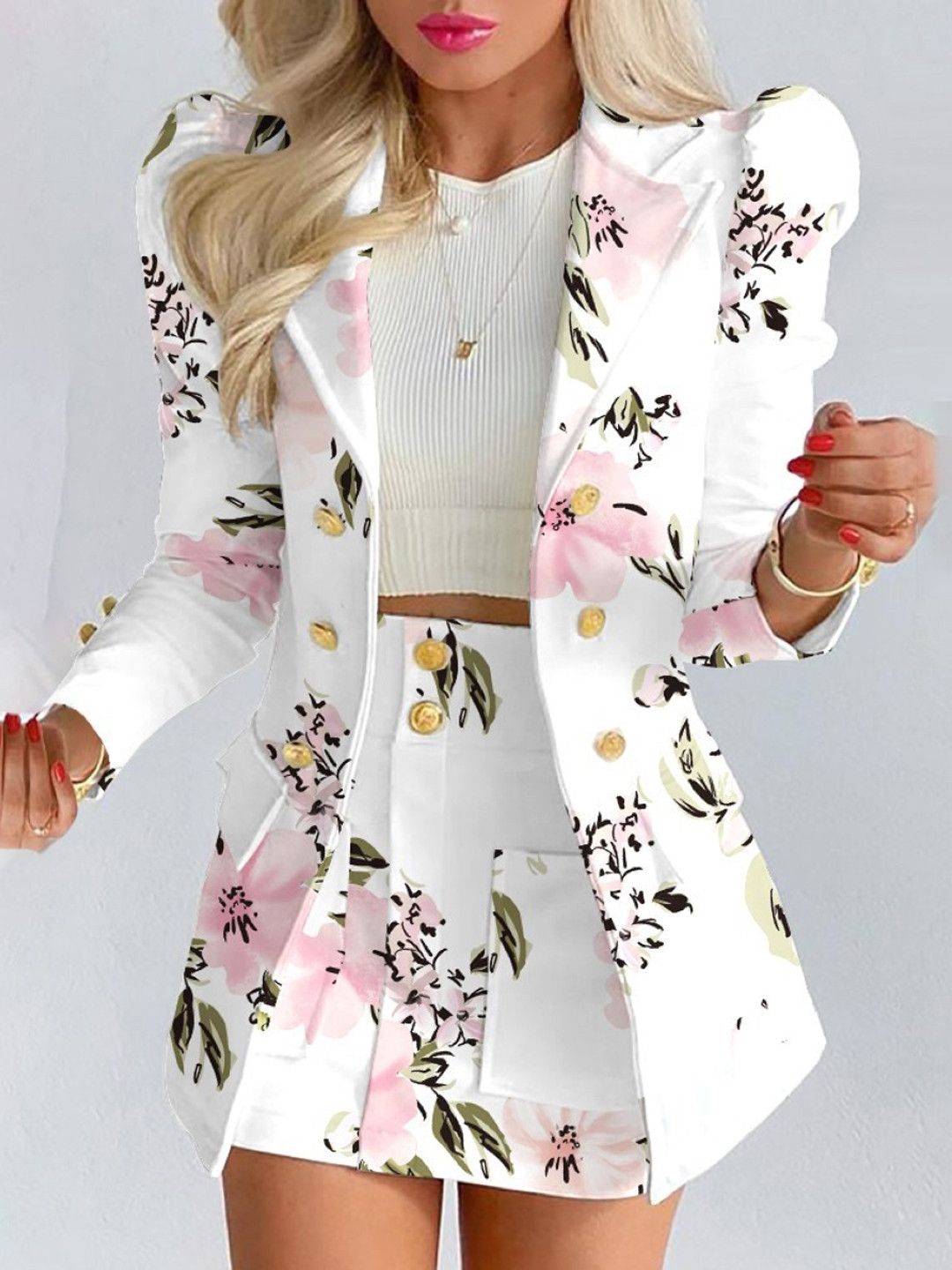 KPOP Notched Lapel Short Sleeves Top & Printed Shorts With Jacket