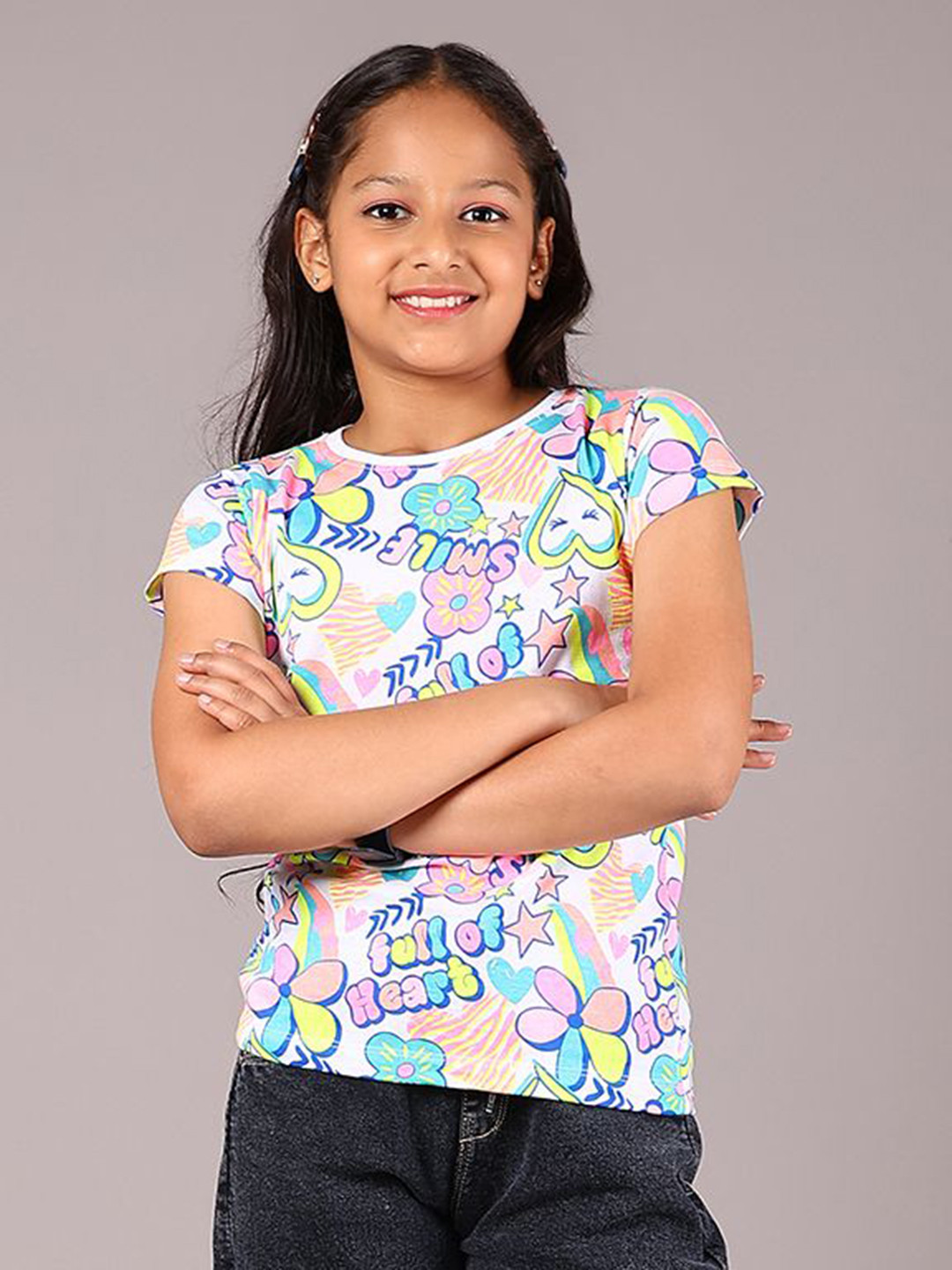 V-Mart Girls Printed Extended Sleeves Pockets T-shirt