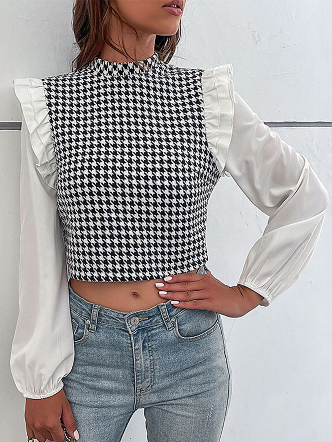 StyleCast Black & White Checked Ruffles Crop Top