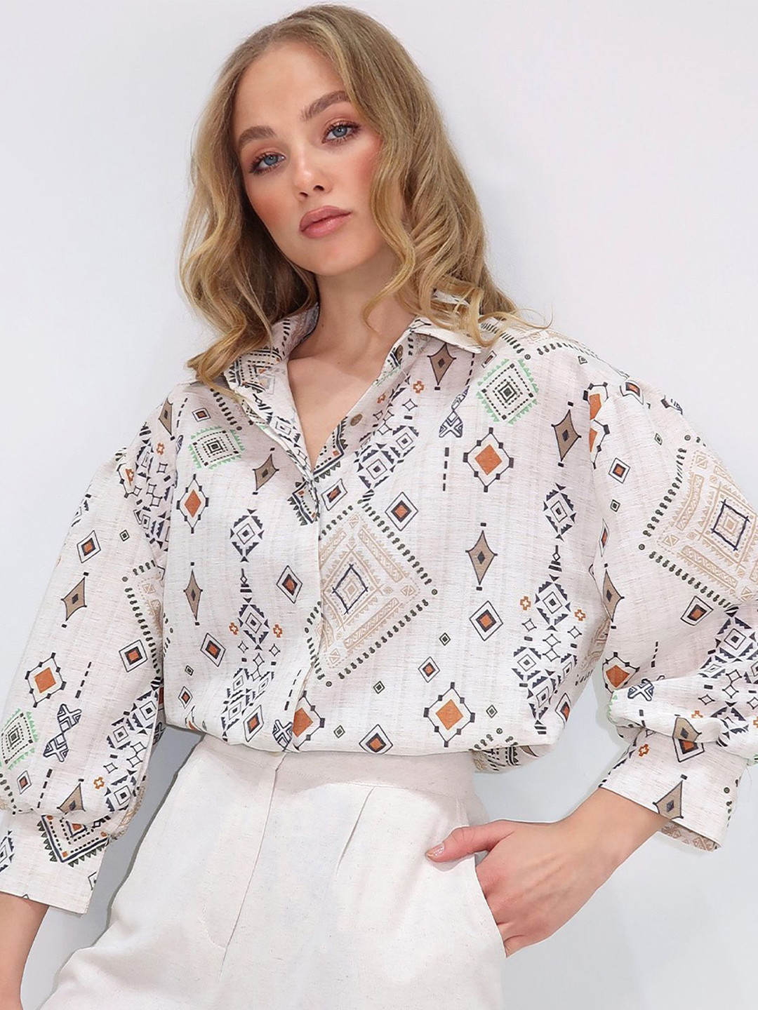 Trend Alacati stili Geometric Printed Pure Cotton Casual Regular Fit Shirt