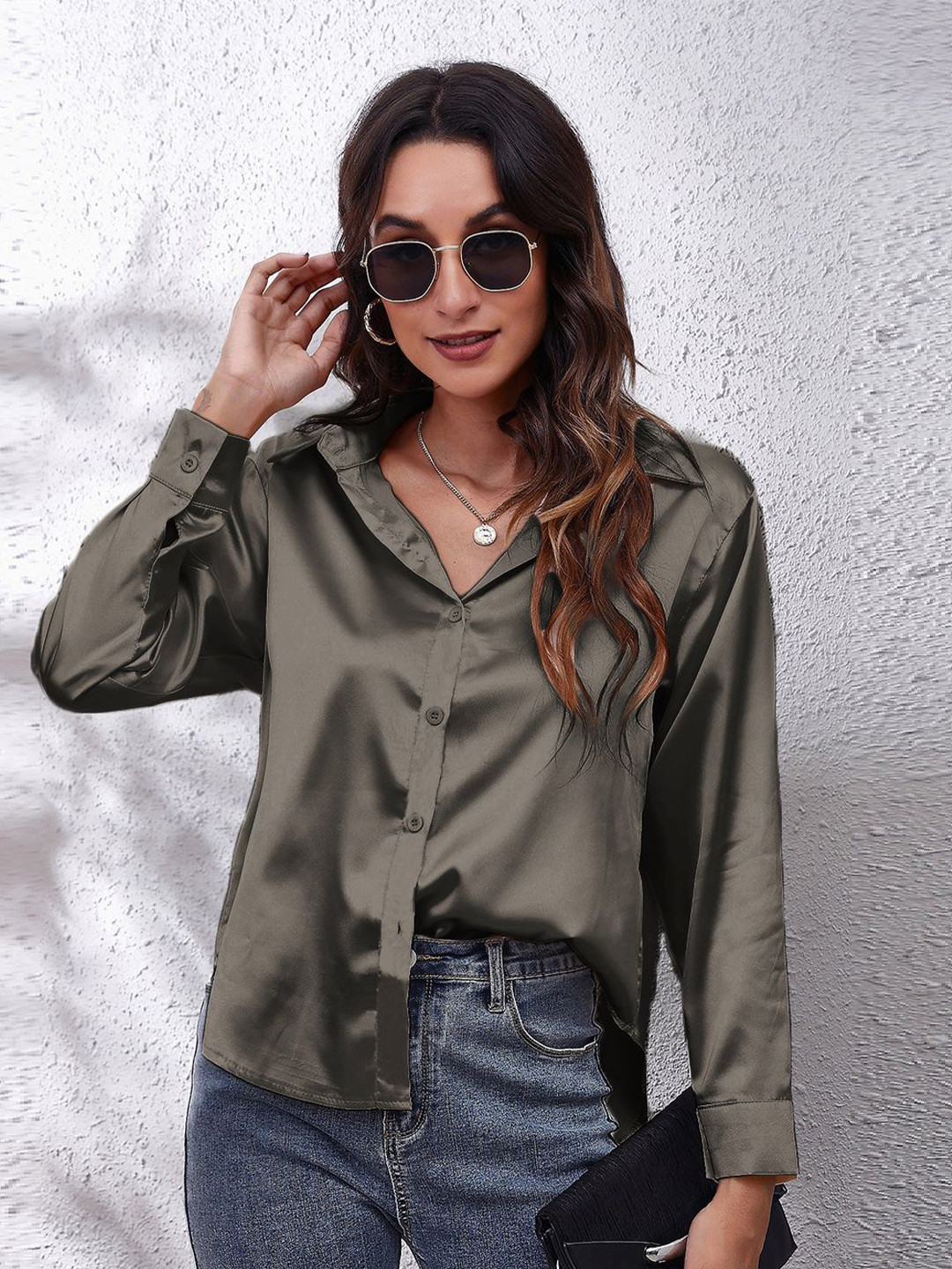 StyleCast Grey Shirt Collar High-Low Longline Regular Top