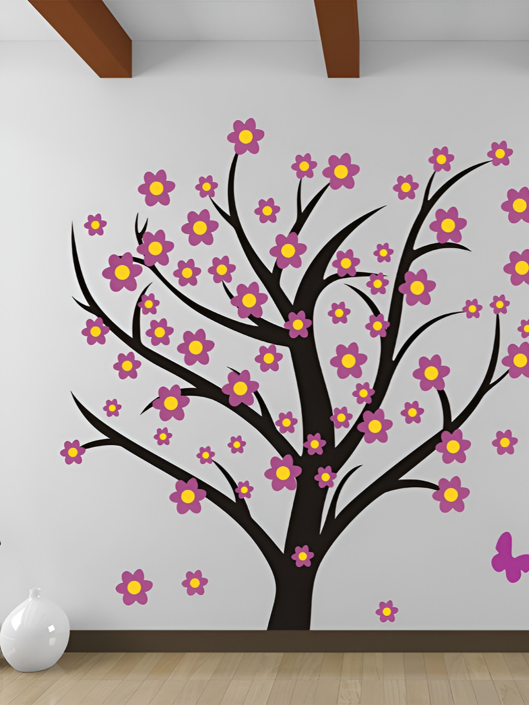 LANSTICK Purple & Yellow Tree with Birds Self Adhesive Wall Sticker