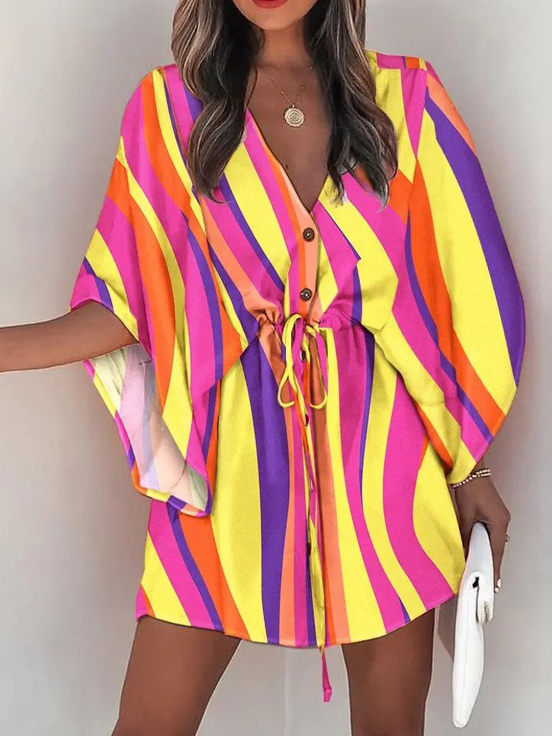 StyleCast Women Printed Kimono Sleeve Silk Kaftan Mini Dress