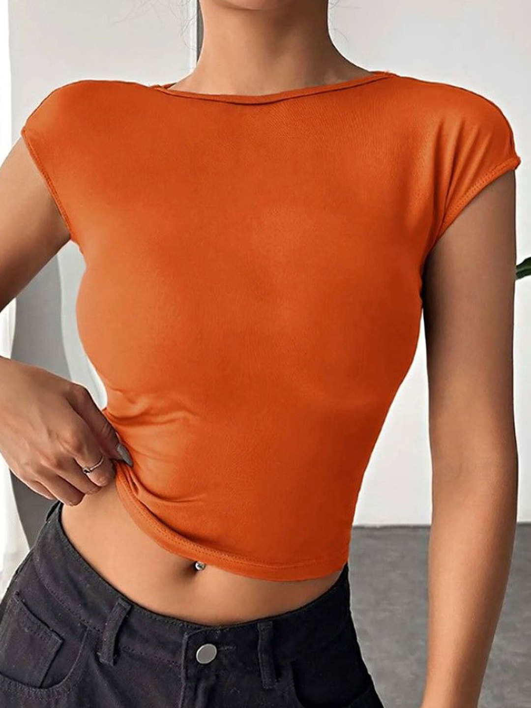 StyleCast Orange Crop Top with Round Neck and Short Sleeves