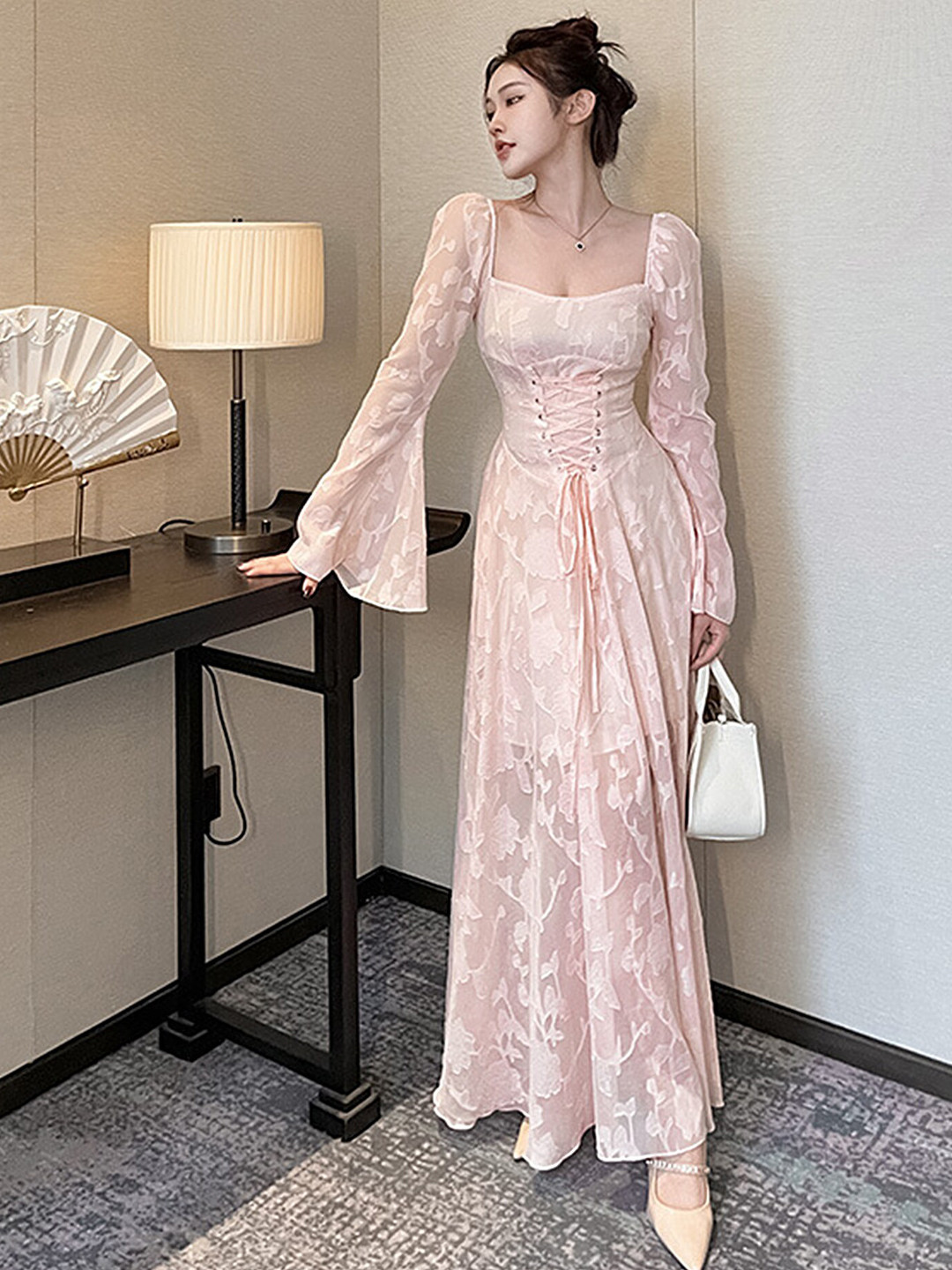 LULU & SKY Pink Floral Flared Sleeves Tie Up Maxi Dress