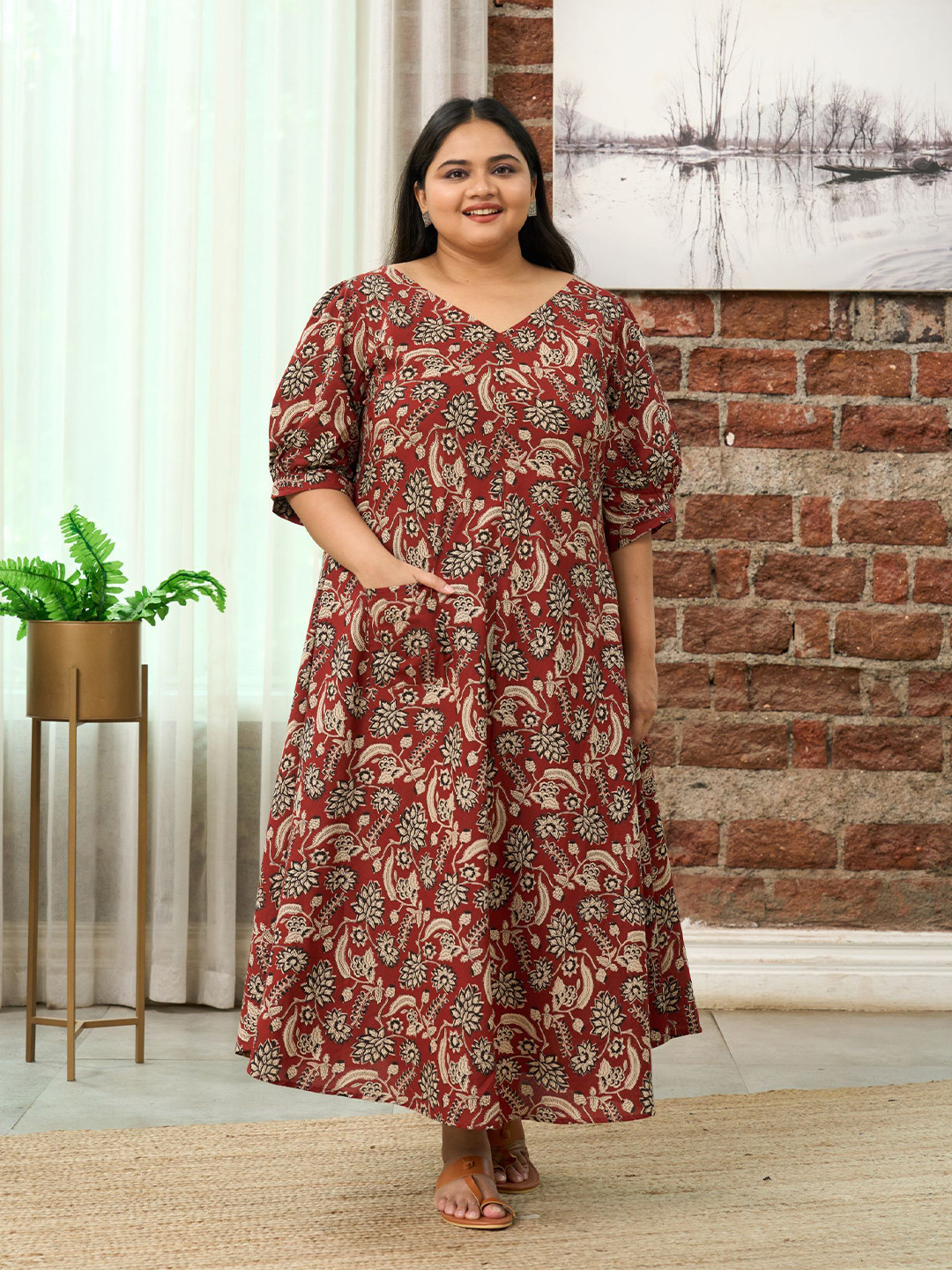 NANGALIA RUCHIRA Women Bohemian Floral Bagru Print V-Neck Maxi Dress