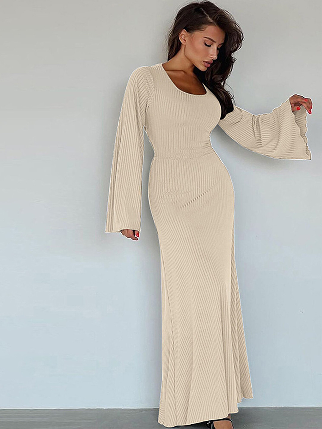 LULU & SKY Ribbed Flared Sleeves Maxi Dress