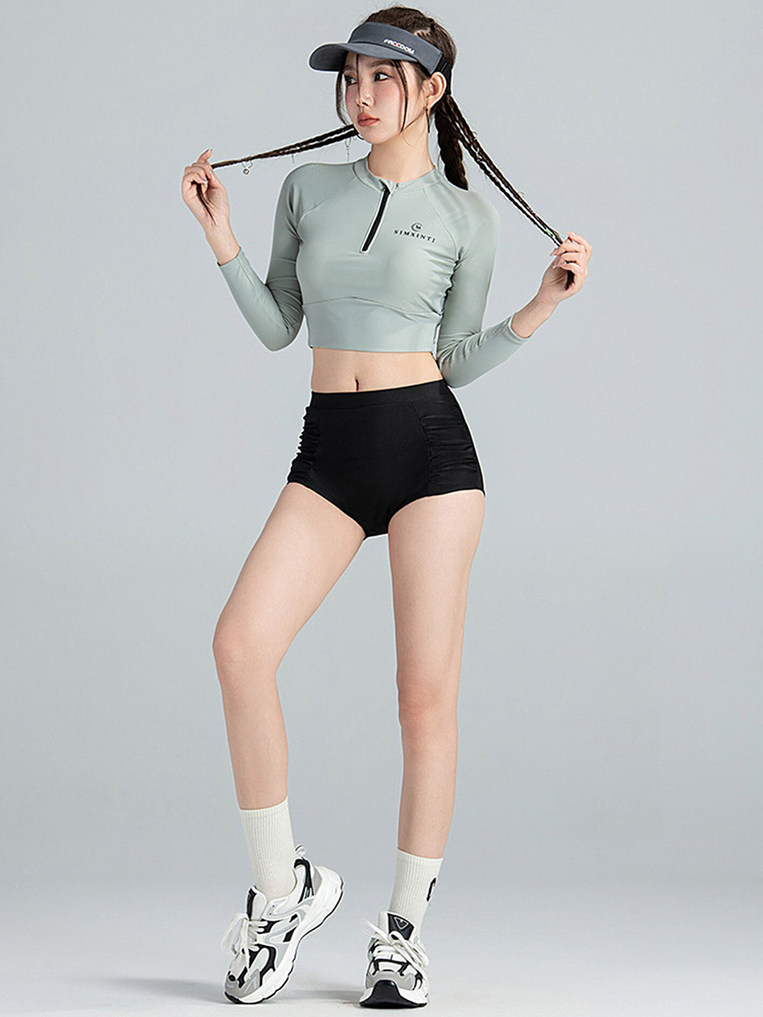 LULU & SKY Mock Collar Three-Quarter Sleeves Swim Set