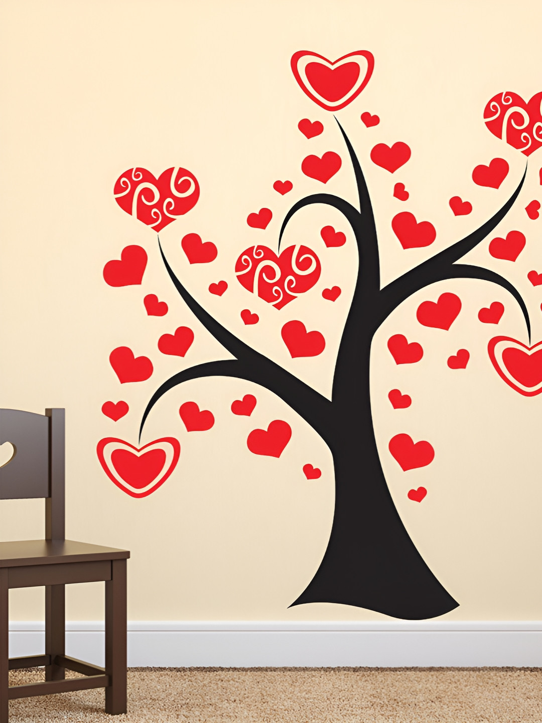 LANSTICK Red & Black Heart Shape Tree Self Adhesive Wall Sticker