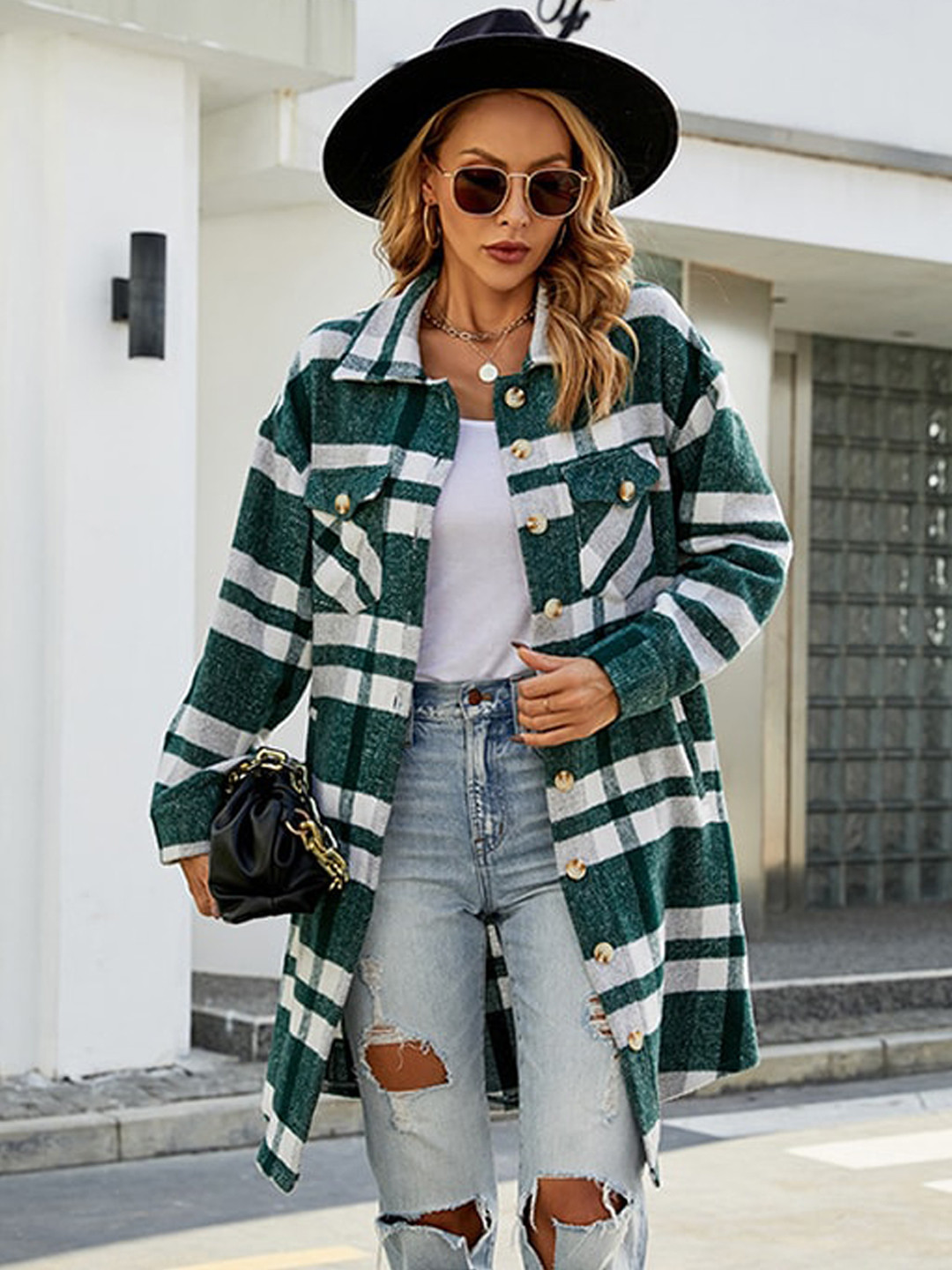 StyleCast Green Checked Spread Collar Single-Breasted Overcoat