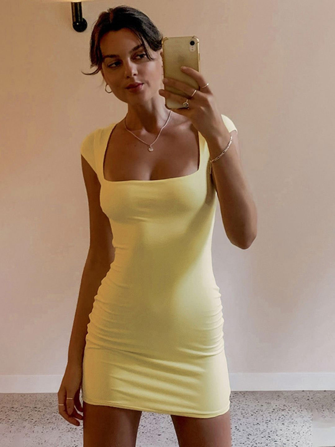 StyleCast Women Solid Square Neck Short Sleeves Mini Bodycon Dress