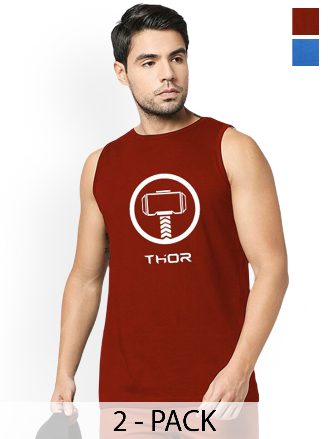 Organic Chics Pack Of 2 Avengers Printed Cotton Vests Royal Avenger-Maroon Thor_S
