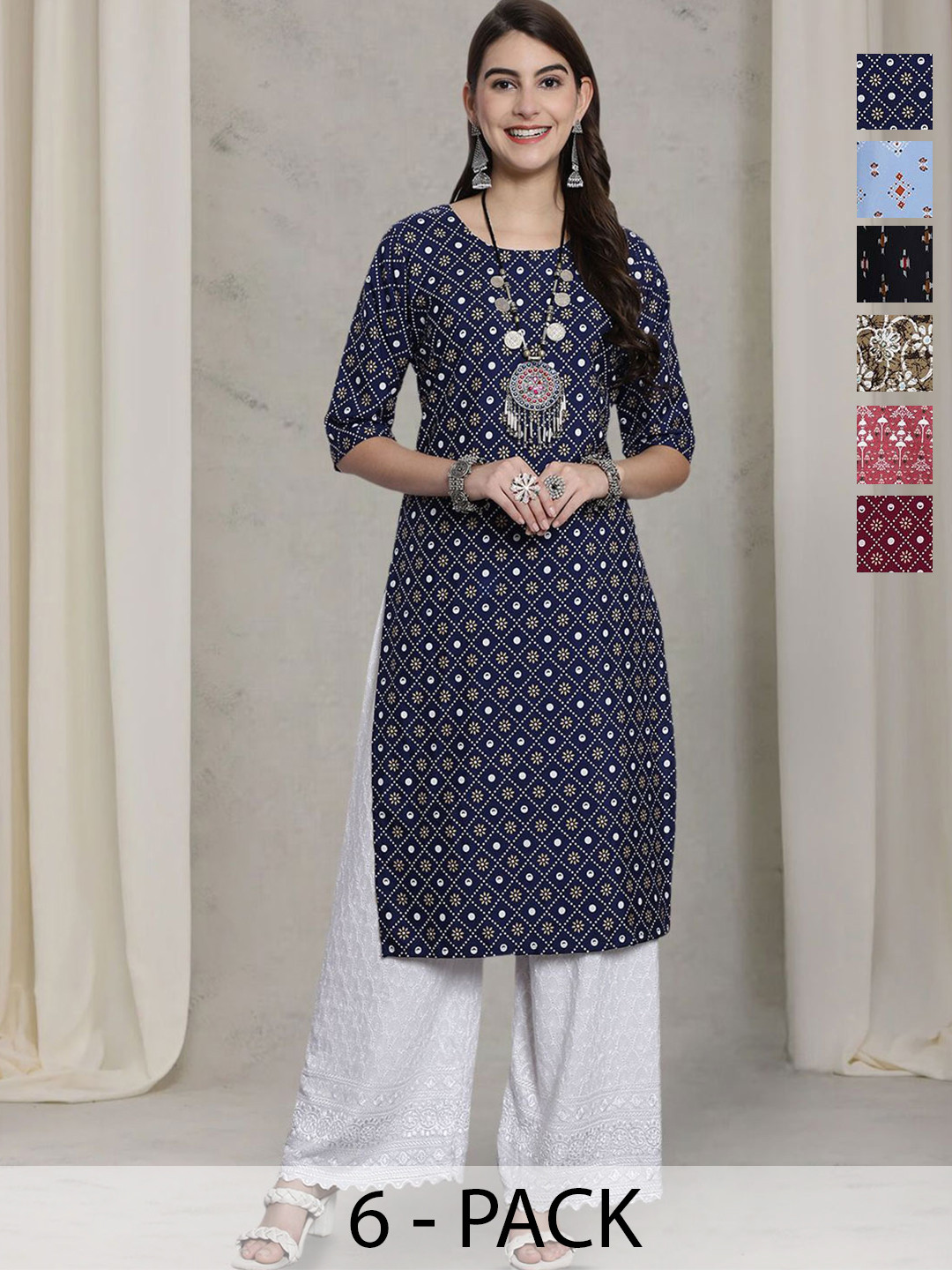 7Threads Women Pack of 6 Ethnic Motifs Printed Mirror Work Kurta