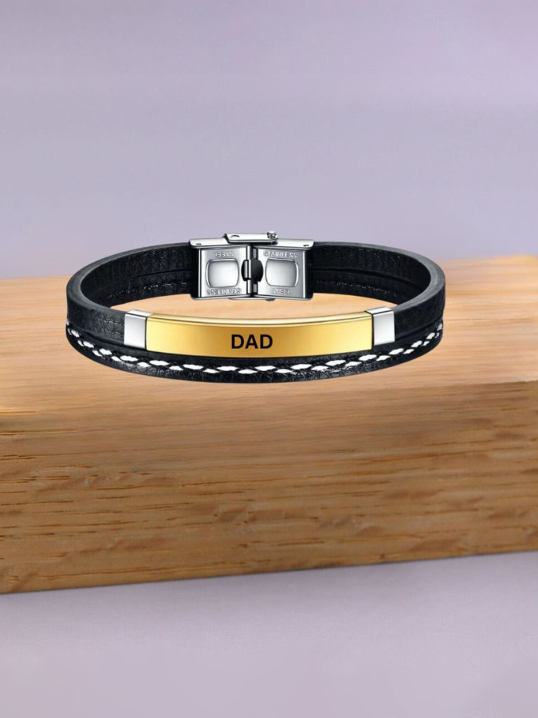 M Men Style Stainless Steel Gold-Plated Dad Leather Wraparound Bracelet