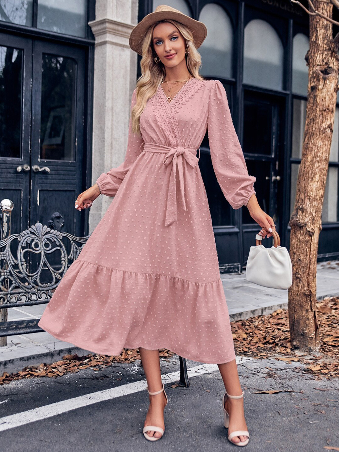 StyleCast Pink Tiered Schiffli Wrap Midi Dress