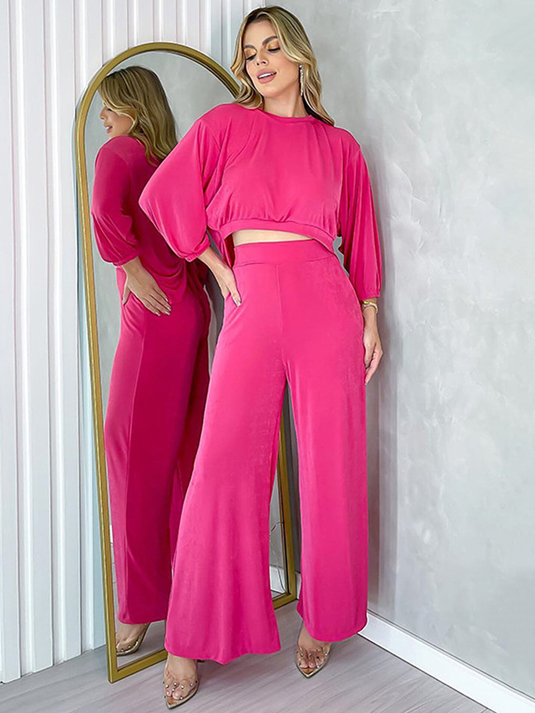 LULU & SKY Puff Sleeves Oversized Crop Top With Flared Trousers