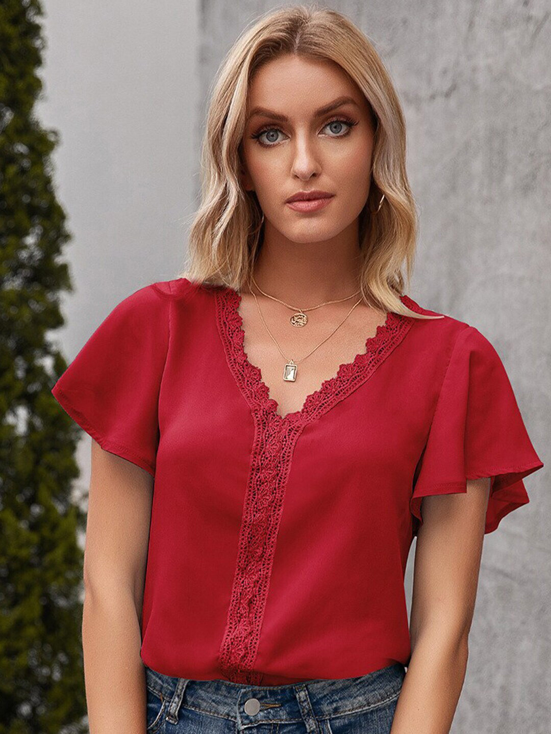 StyleCast x Revolte Red V-Neck Short Sleeves Top