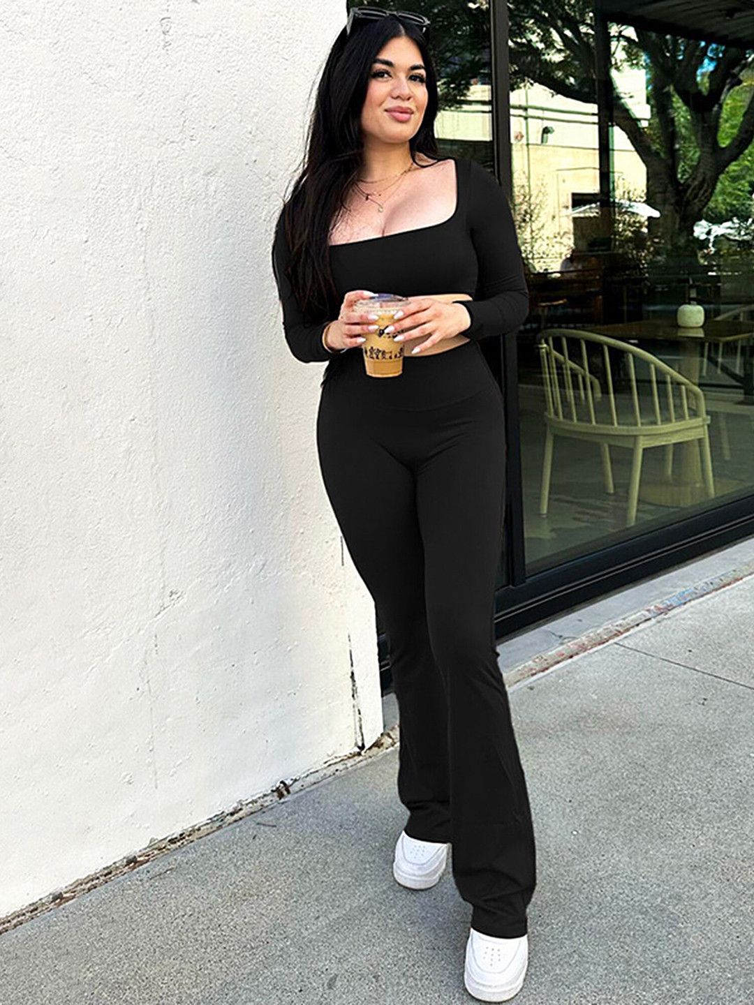 LULU & SKY Square Neck Long Sleeves Top With Trousers