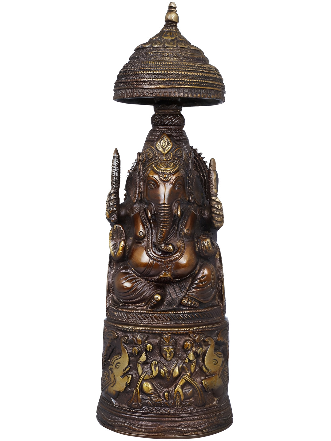 Exotic India Raja Ganesha with Gaja Lakshmi in Pedestal Brown Brass Metallic Prayer Room Hand Made Medium Showpiece - 10.5 Inches
