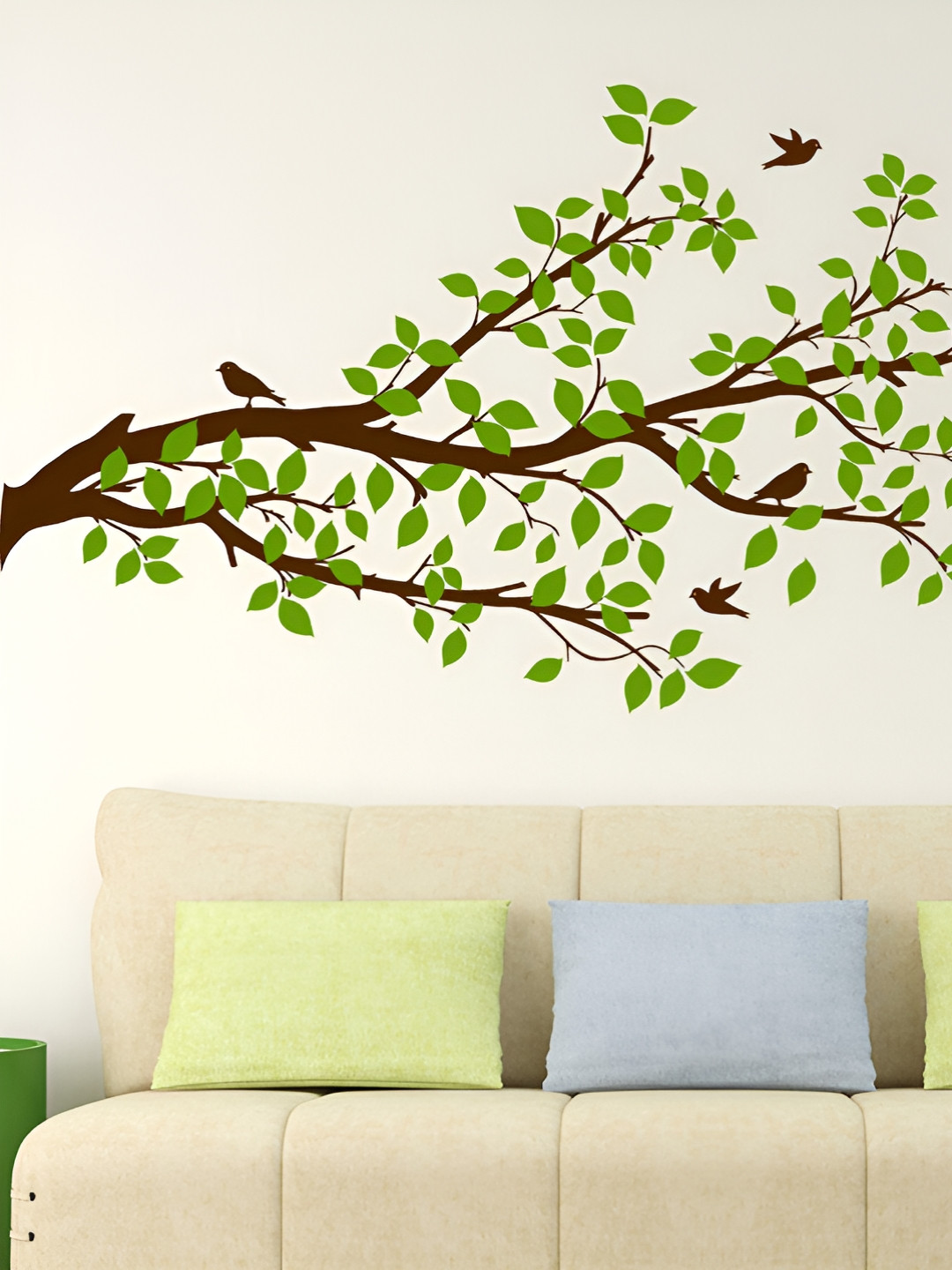LANSTICK Green & Brown Tree with Birds Self Adhesive Wall Sticker