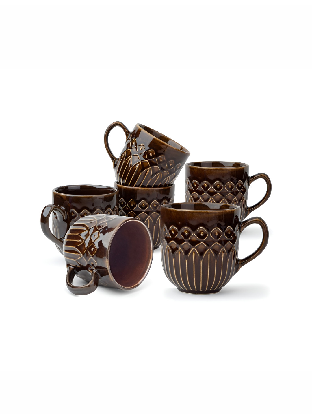 SHAY New Modern Design Brown Floral Ceramic Microwave Safe 6 Piece Mugs-330ml