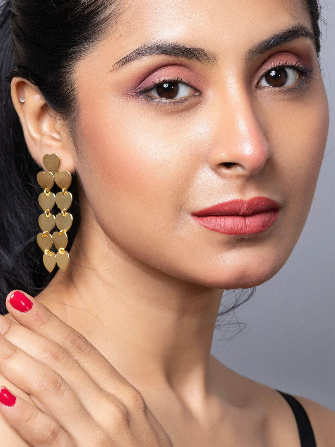 Look and Adorn Golden Heart Brass Stud Earrings