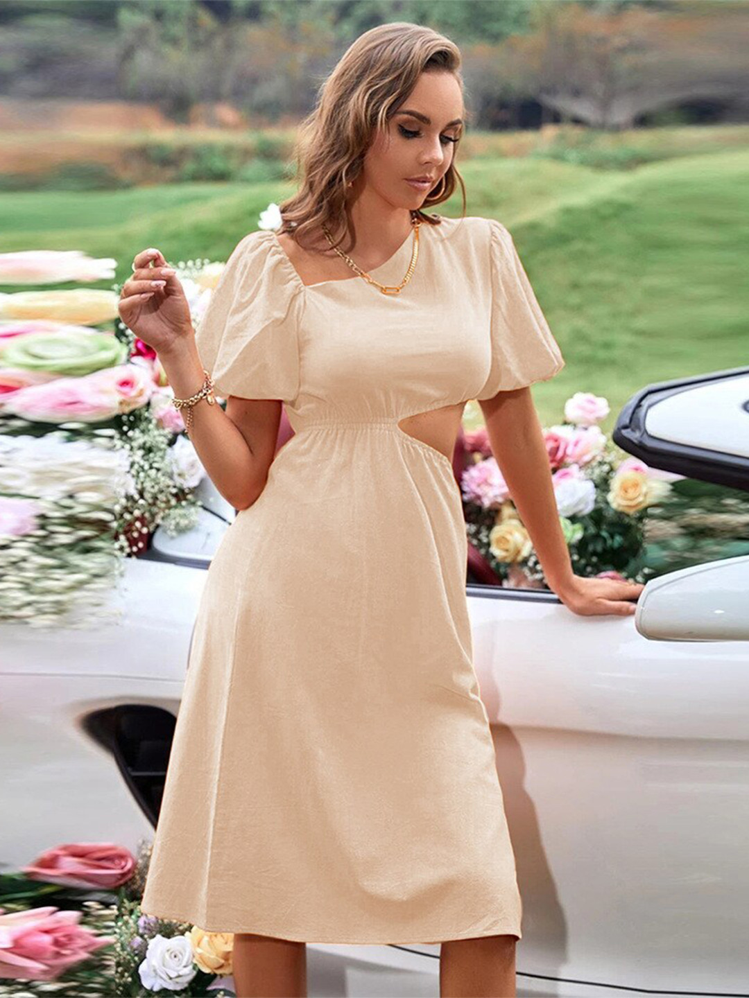 StyleCast Beige Flared Sleeve Cut-Outs Detail Sheath Dress