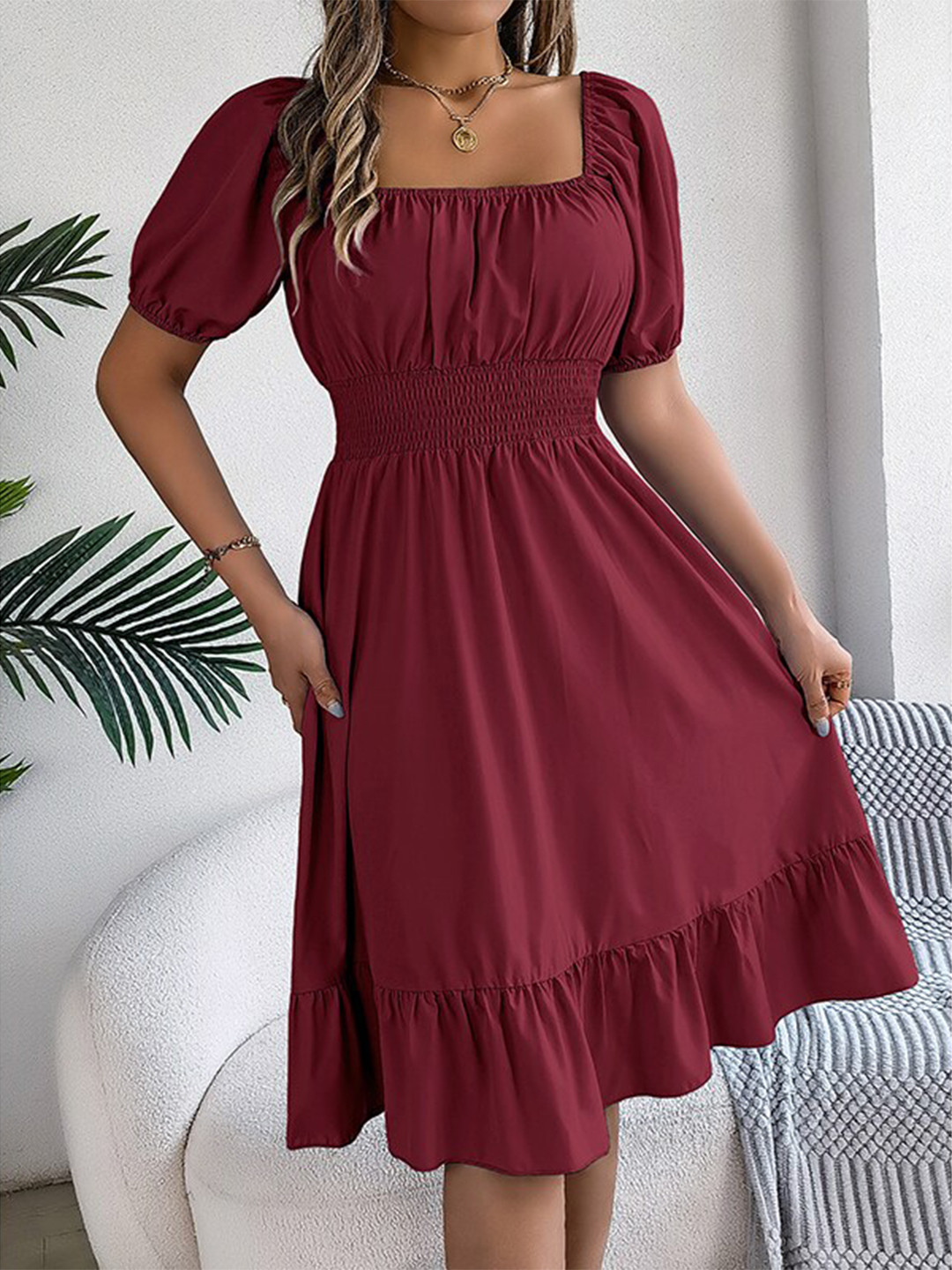 StyleCast x Revolte Women Layered Puff Sleeve Fit & Flare Midi Dress
