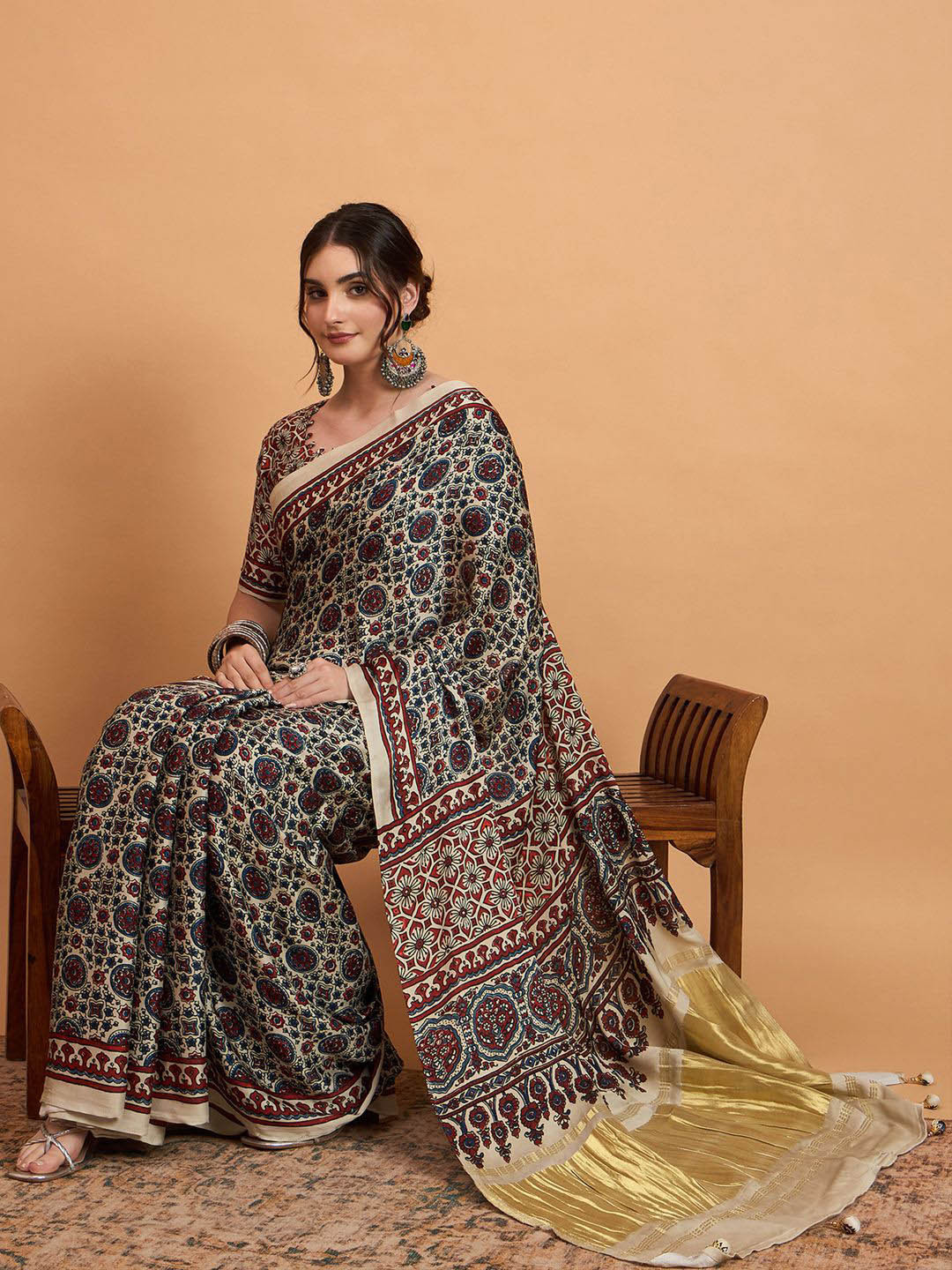 Mitera modal Ajrak Printed Zari SareeWith Blouse Piece