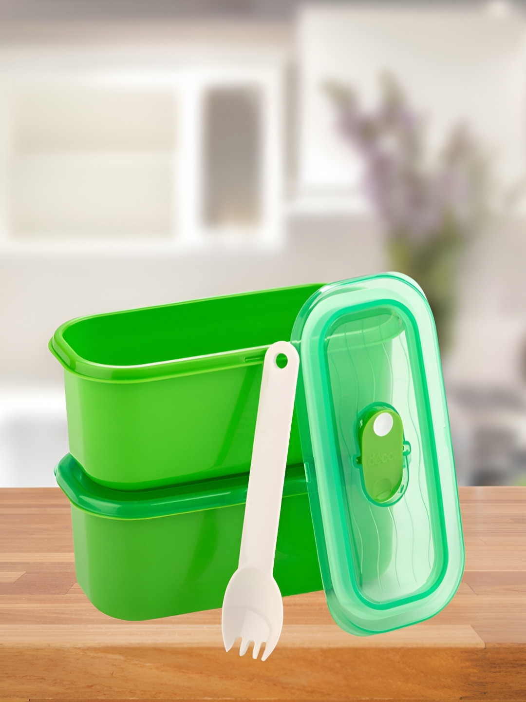 Decor BPA-Free Airtight Leakproof Green Solid Plastic 6PCs Lunch Box With Spoon and Fork