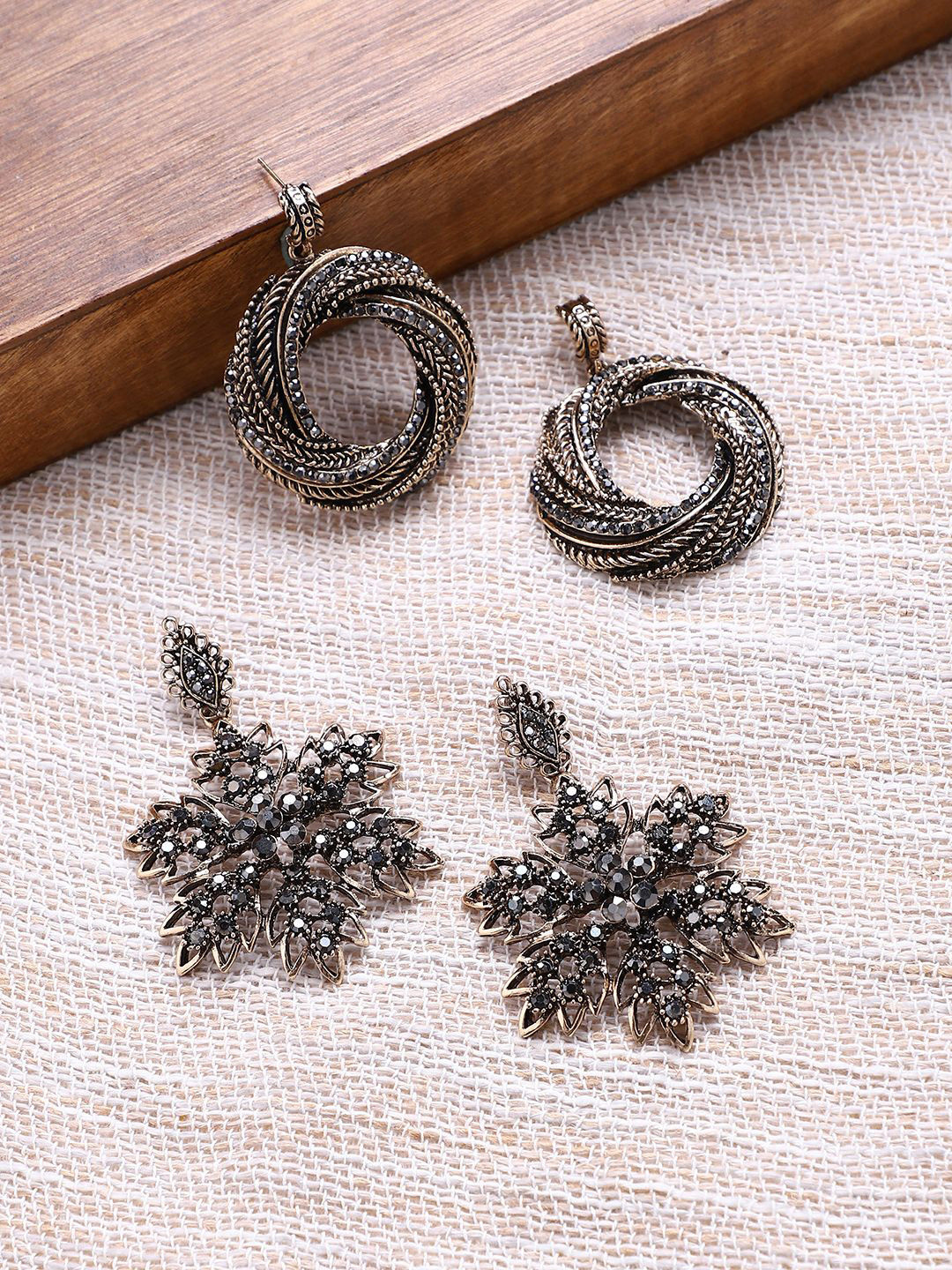DressBerry Set Of 2 Gold-Plated Artificial Stones Studded Contemporary Gleam Drop Earrings