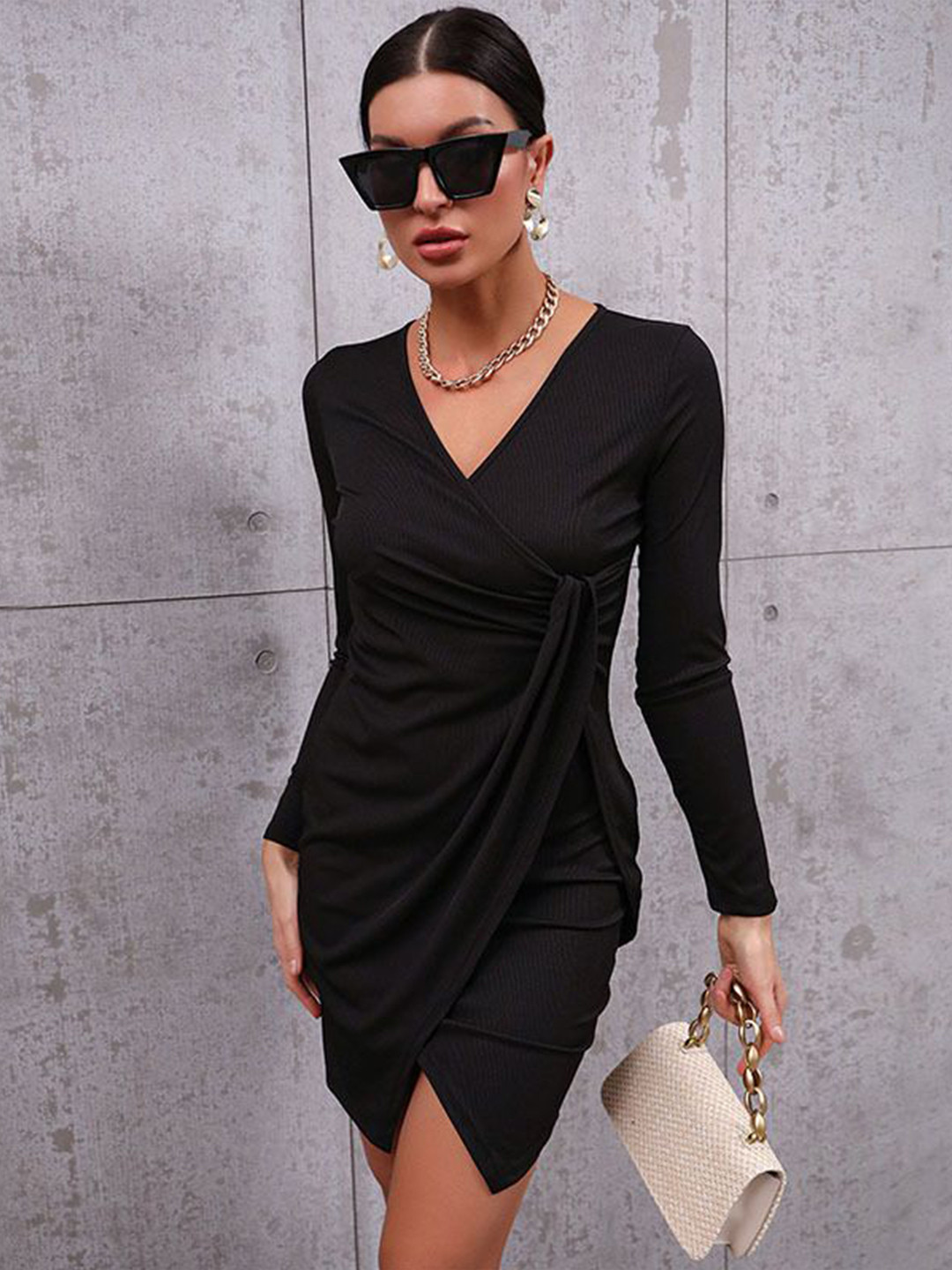 StyleCast Black Solid Wrap Knee Length Dress