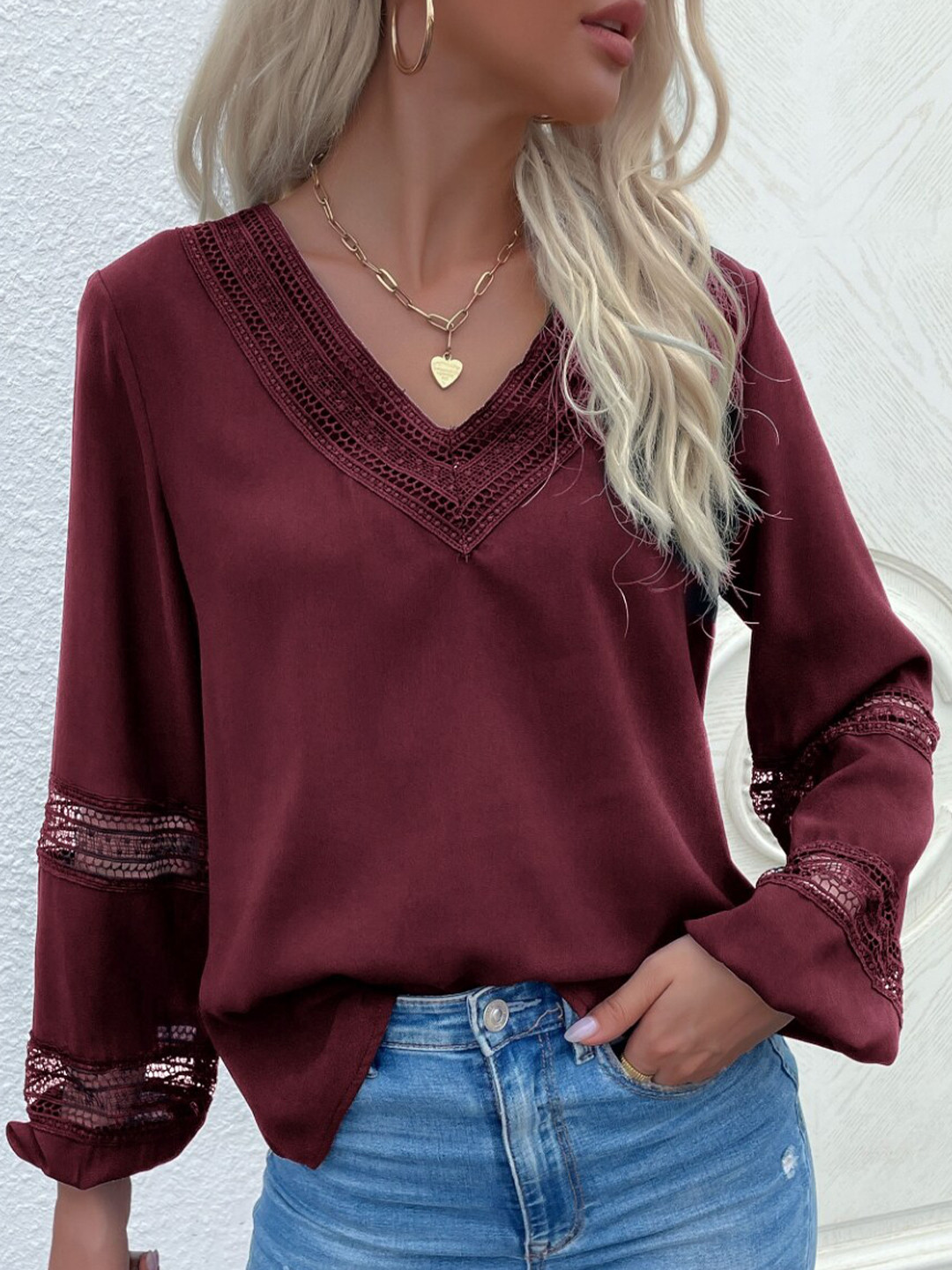 StyleCast Red Puffed Sleeves Lace Inserts Top