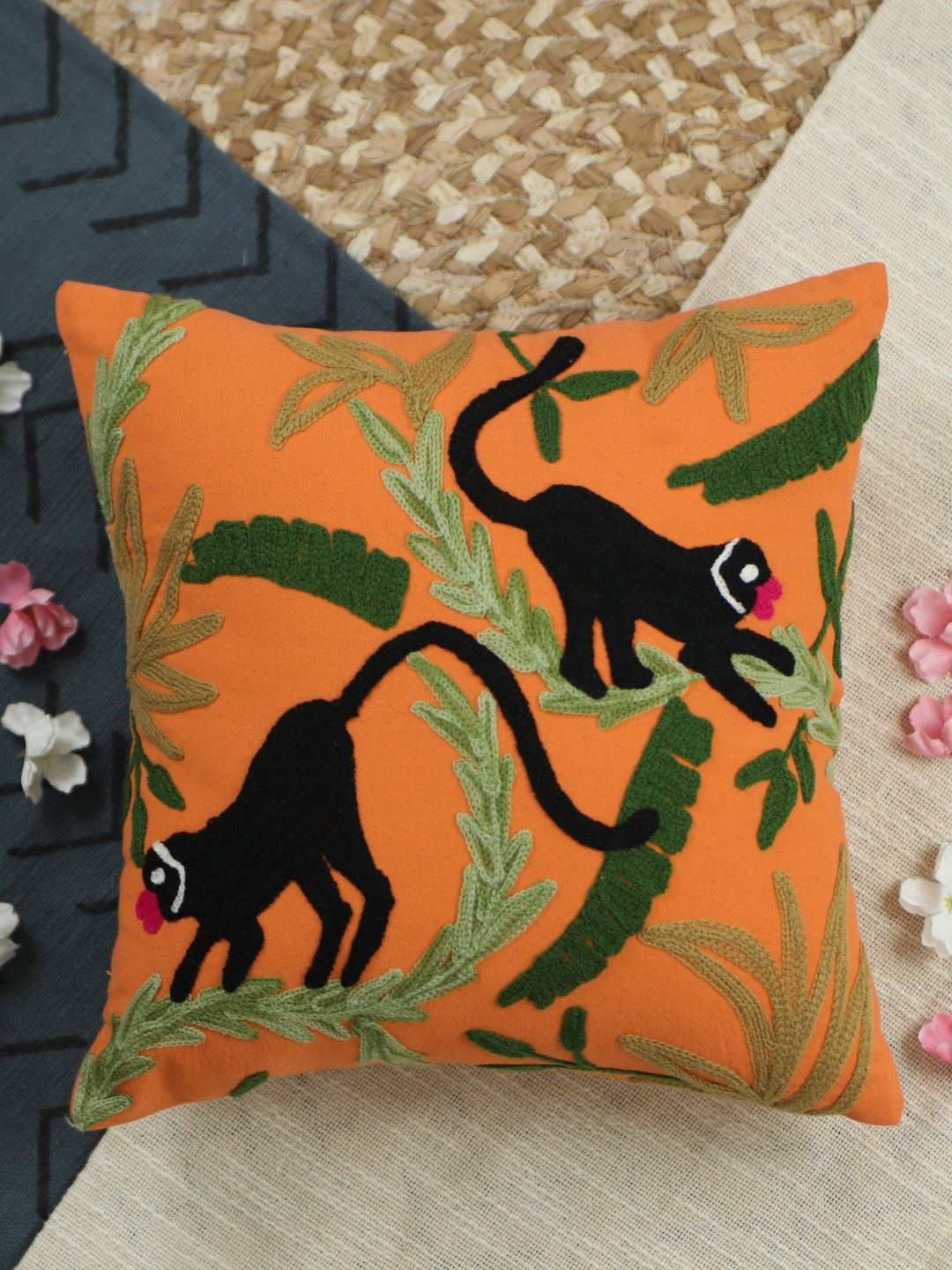 Trade Star Orange & Black Embroidered Square Pure Cotton Pillow Cover
