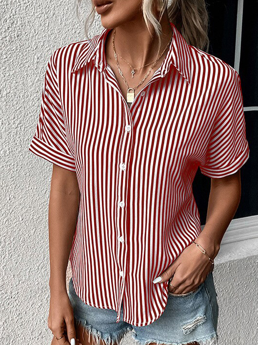 StyleCast x Revolte Red & White Vertical Striped Casual Shirt