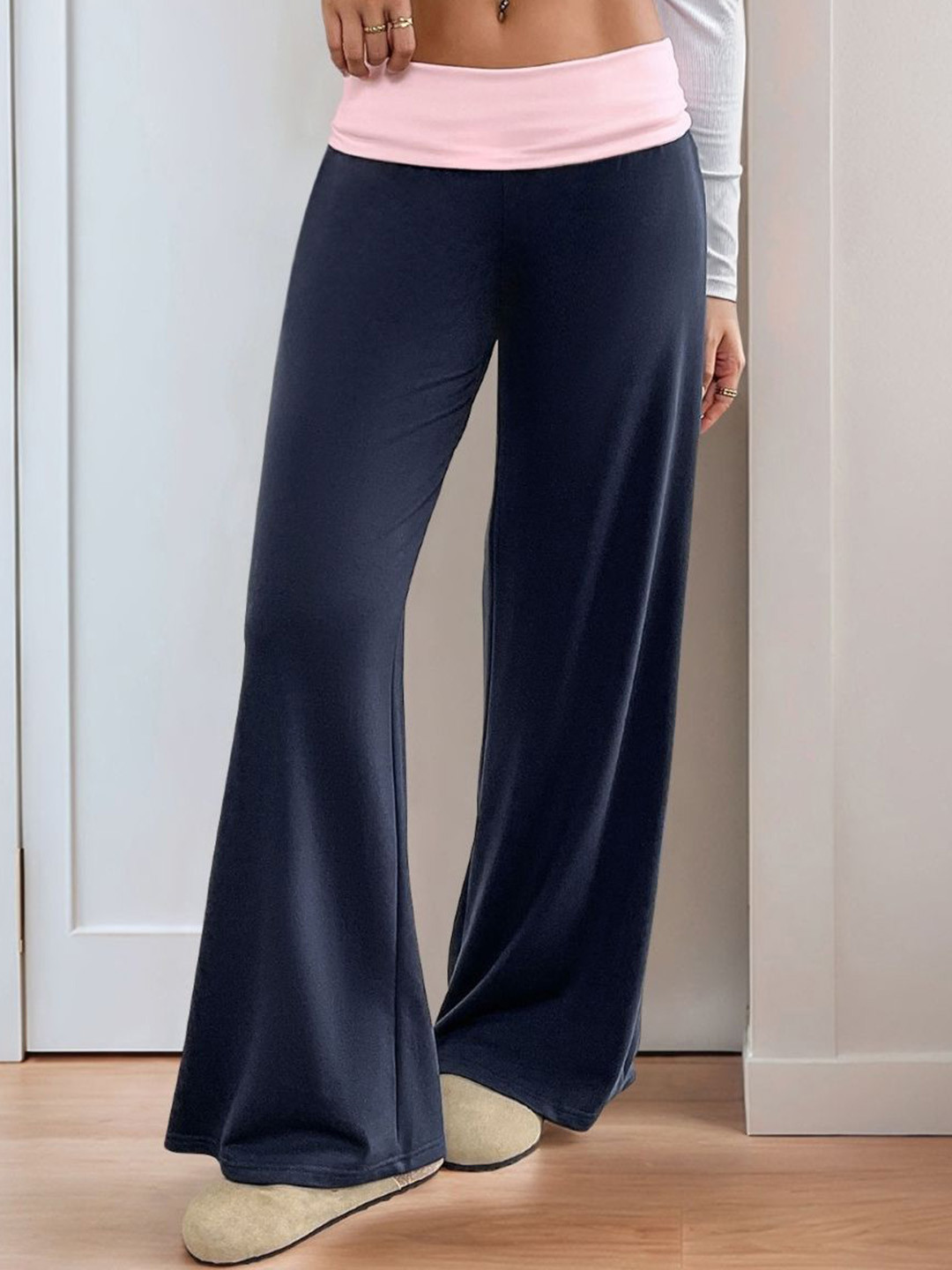 Navy Blue Mid-Rise Relaxed Wide Leg Trousers