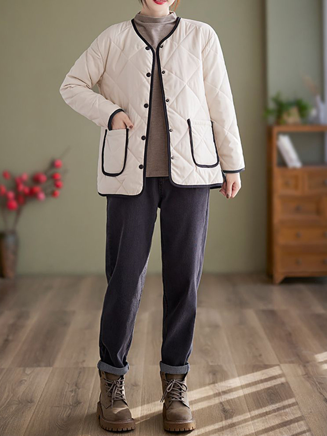 StyleCast x Revolte Women Collarless Quilted Self Design Jacket