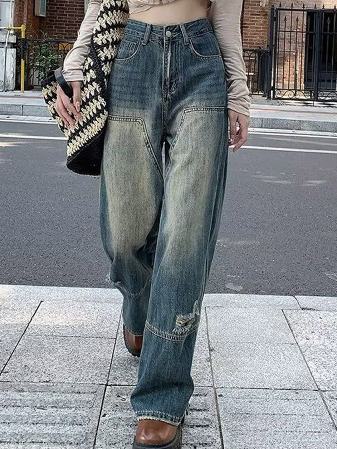 StyleCast Women Wide Leg High-Rise Low Distress Light Fade Jeans