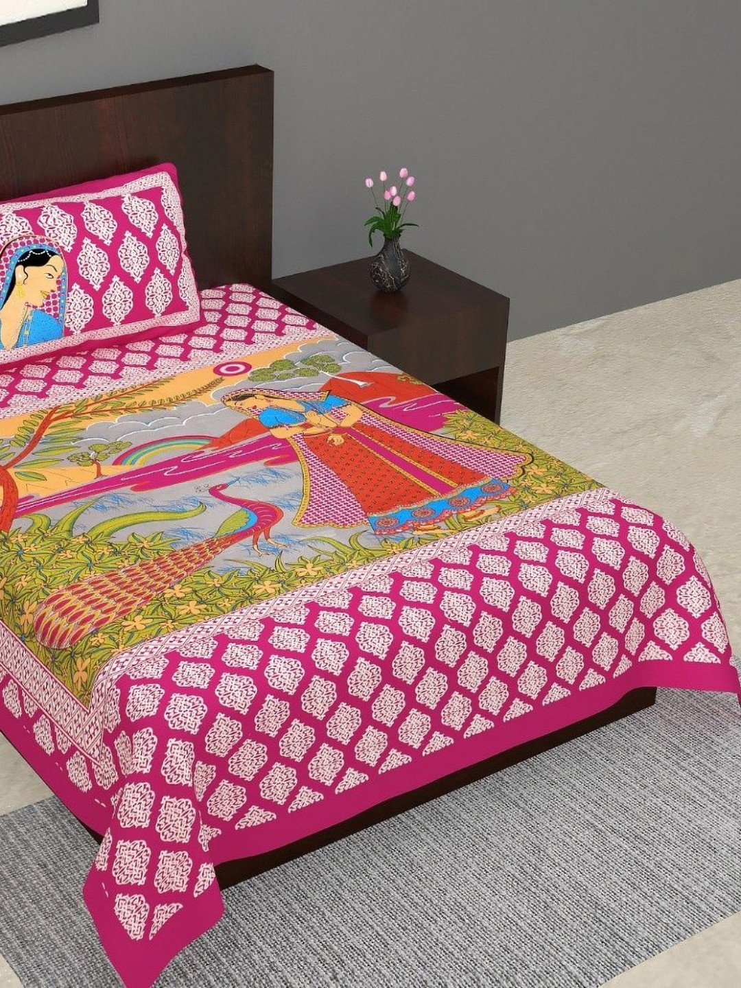 Salgia Premium Pink Ethnic Motifs Cotton 144 TC Single Bedsheet with a Pillow Cover-89 x 57 inches
