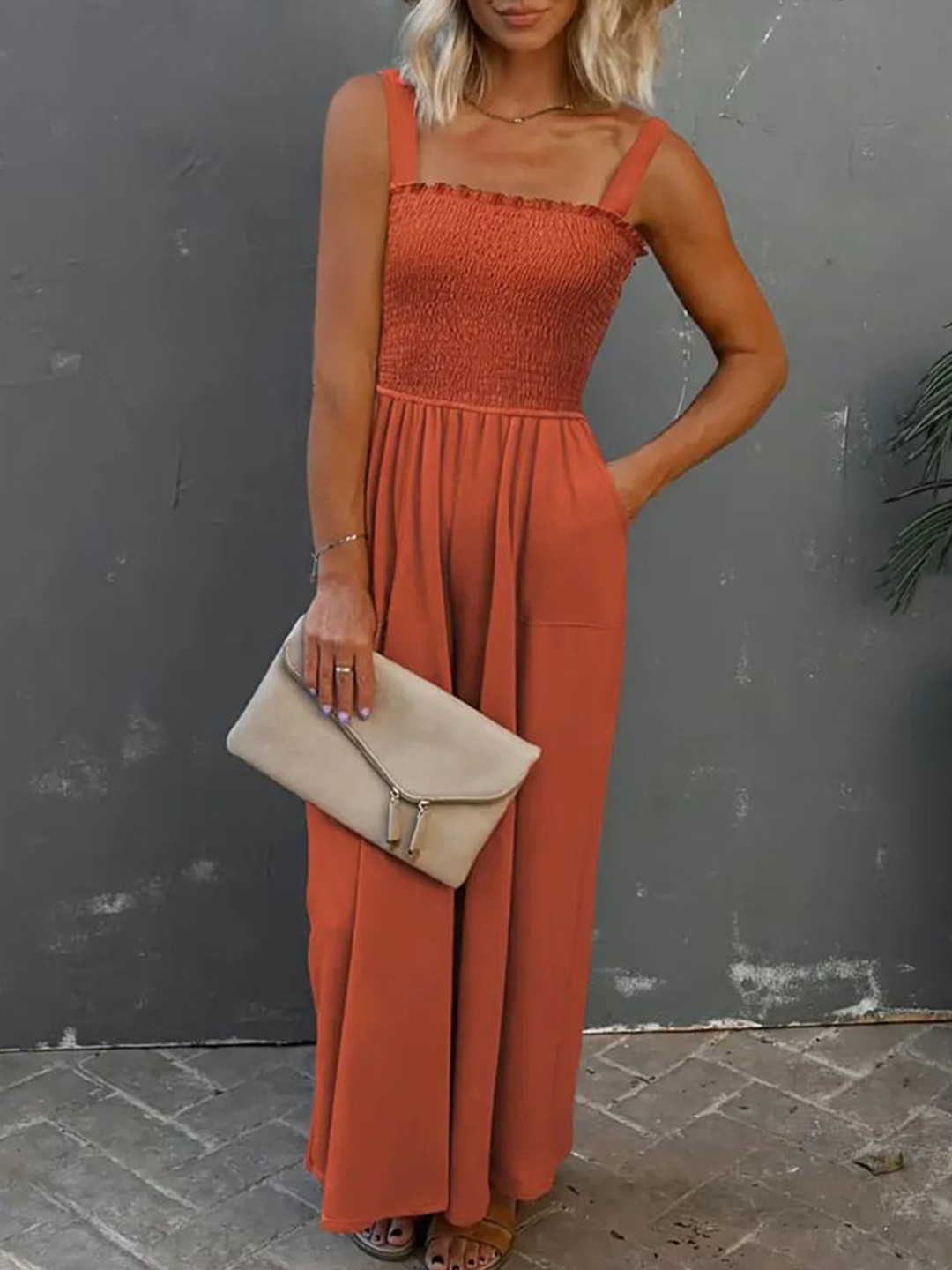 StyleCast Rust Shoulder Straps Smocked Basic Jumpsuit
