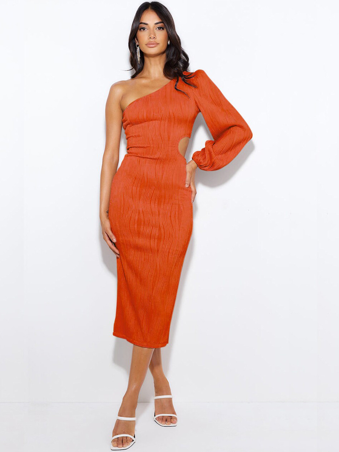 StyleCast Orange One Shoulder Puff Sleeve Cut-Outs Detail Sheath Dress