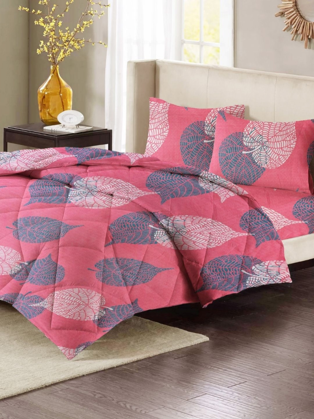 VAS COLLECTIONS Pink & Green 4 Pieces Printed Superfine Double Extra Large Bedding Set