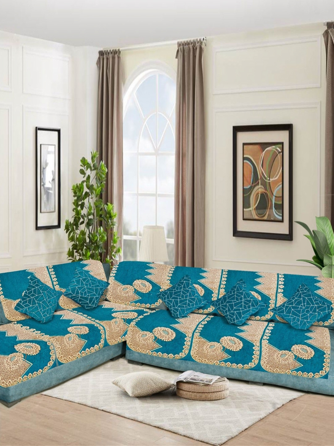 SAWNA HOMES Blue 6 Seater Embroidered Velvet L Shape Sofa Cover With Coushion Covers