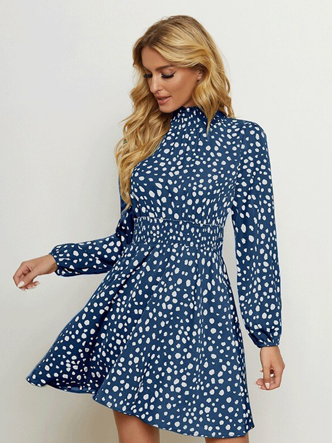 StyleCast Blue Abstract Printed High Neck Smocked Chiffon Fit and Flare Dress