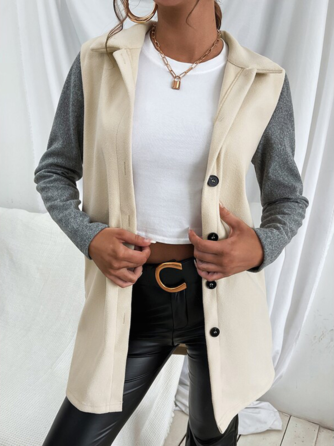 StyleCast Beige & Grey Colourblocked Spread Collar Overcoat